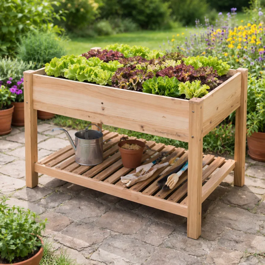 Hochbeet aus Holz mit Ablagefläche