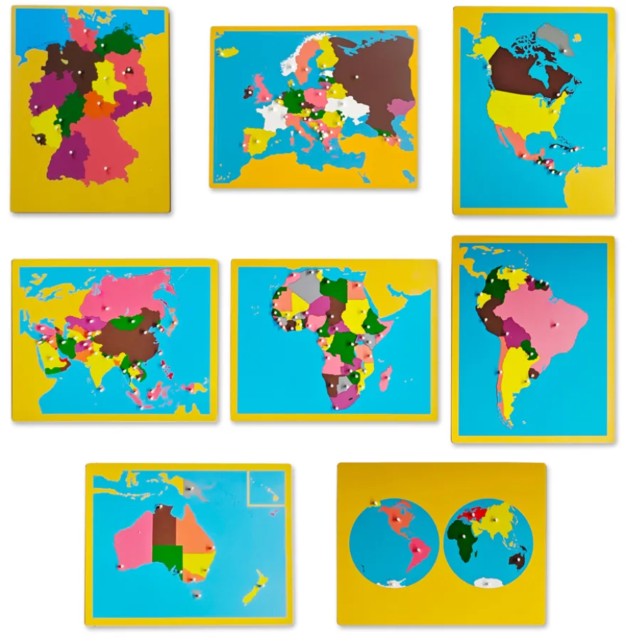 8 Holzpuzzlekarten zu Kontinenten und Ländern