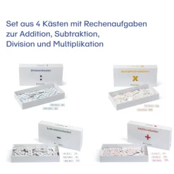 4 Kästen mit Rechenaufgaben zur Addition, Subtraktion, Division und Multiplikation