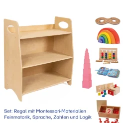 Regal mit Montessori-Materialien zur Feinmotorik, Sprache, Zahlen und Logik