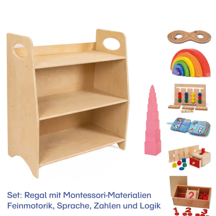 Regal mit Montessori-Materialien zur Feinmotorik, Sprache, Zahlen und Logik
