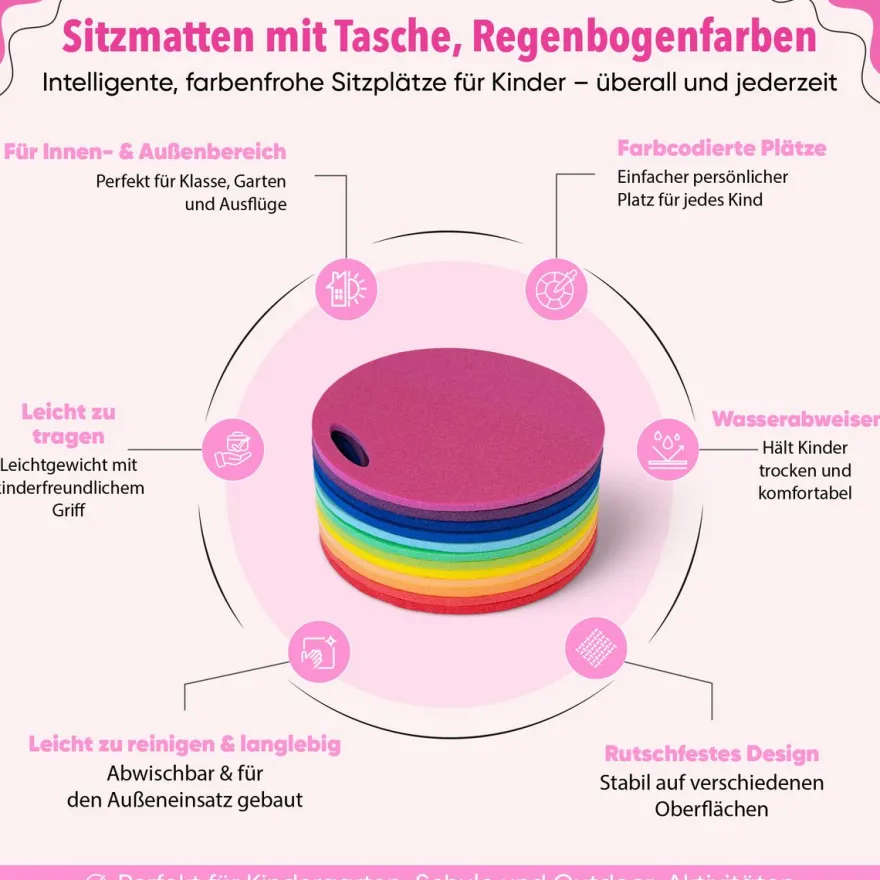 12 Sitzmatten mit Tasche - Regenbogenfarben