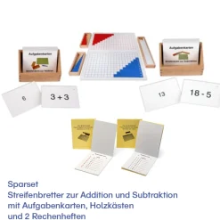 Sparset Streifenbretter zur Addition und Subtraktion mit Aufgabenkarten, Holzkästen und 2 Rechenheften